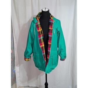 VTG 80s Misty Harbor Teal Green Any Time Jacket Rain Coat W/ Plaid Lining Sz M